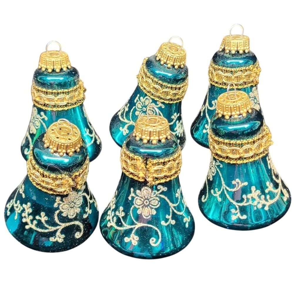 Krebs Glass Bell Christmas Ornaments Set of 6 Teal Blue Gold Glitter Filigree 3"